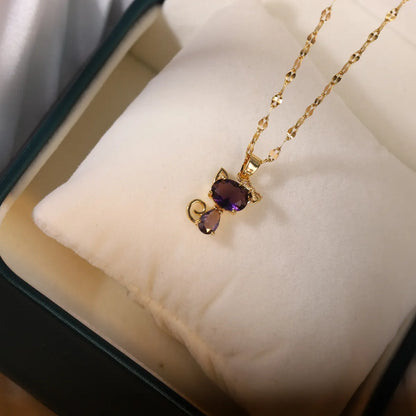 Cute Cat Titanium Steel Inlay Zircon Necklace 1 Piece