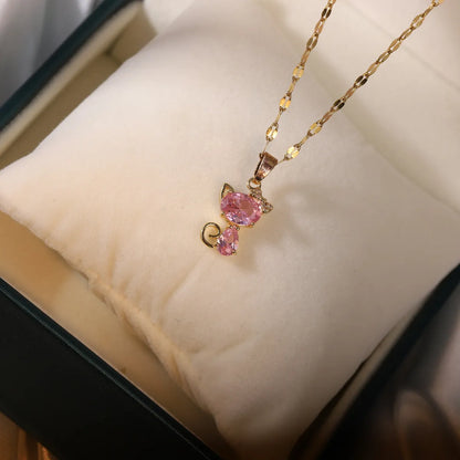 Cute Cat Titanium Steel Inlay Zircon Necklace 1 Piece