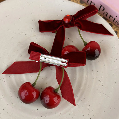 Cute Cherry Alloy Cloth Bowknot Hair Clip