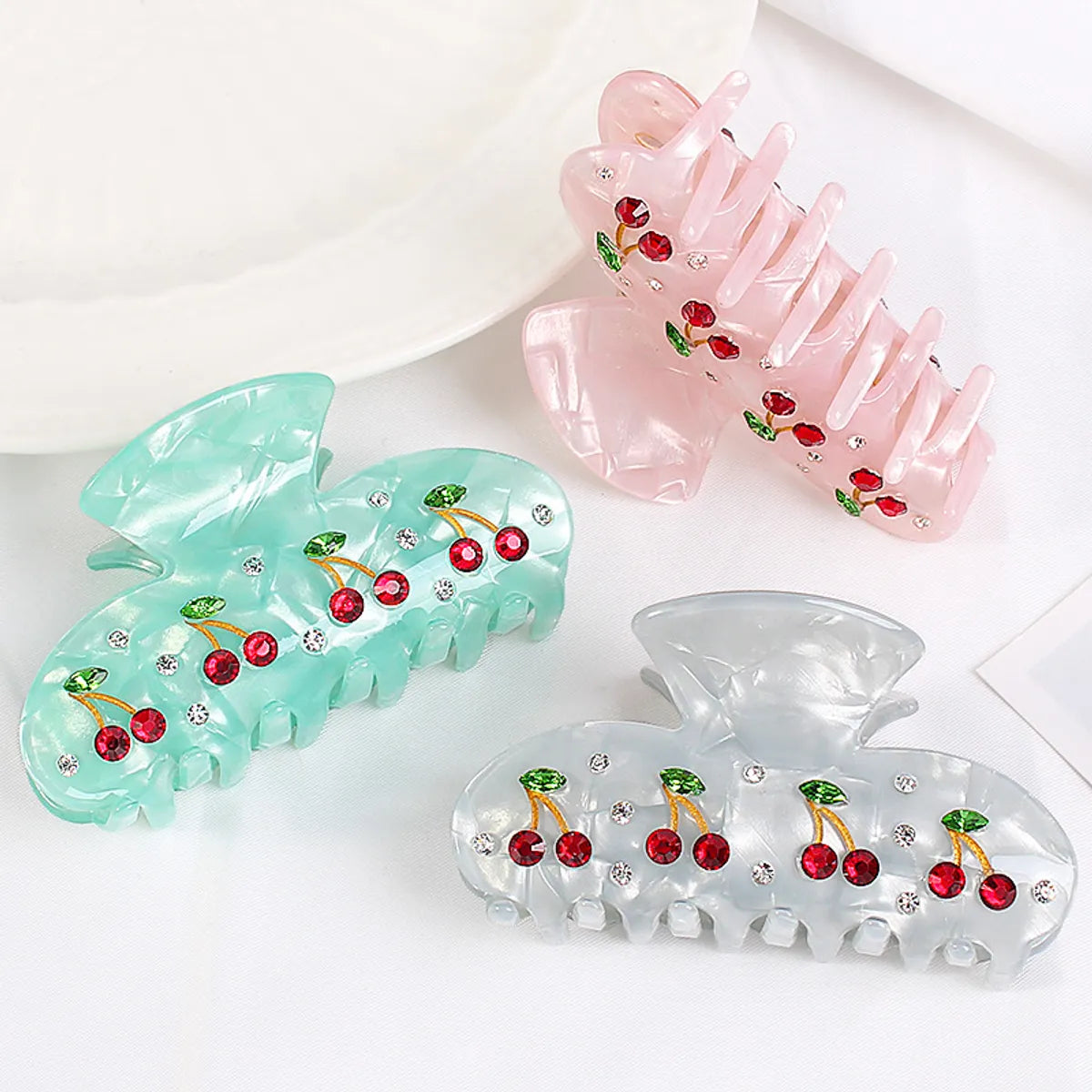 Cute Cherry Arylic Hollow Out Inlay Rhinestones Hair Claws 1 Piece