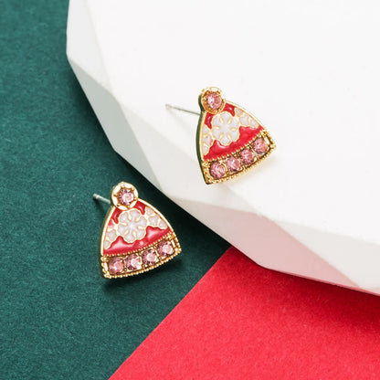 Cute Christmas Hat Alloy Enamel Rhinestones Women'S Ear Studs 1 Pair