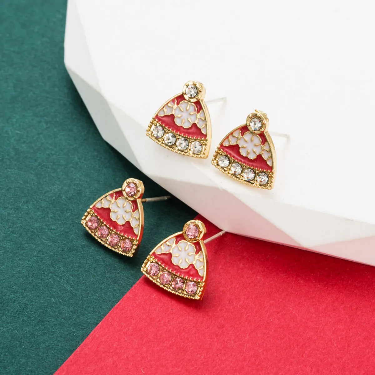 Cute Christmas Hat Alloy Enamel Rhinestones Women'S Ear Studs 1 Pair