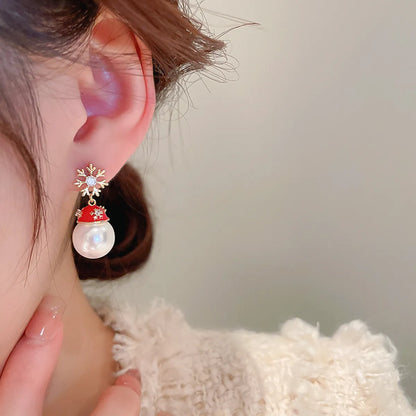 1 Pair Cute Christmas Hat Gold Plated Copper Artificial Pearls Zircon Gold Plated Ear Studs