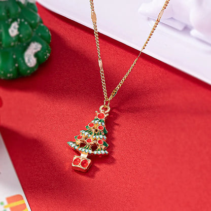 Cute Christmas Tree Santa Claus Snowflake Alloy Ferroalloy Enamel Plating Inlay Glass 14k Gold Plated Christmas Women's Pendant Necklace