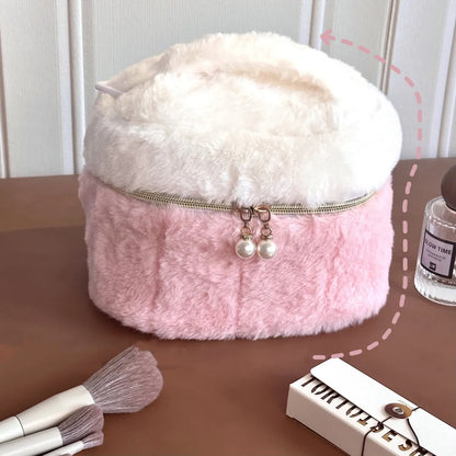 Cute Color Block Plush Rhinestone Pearls Bucket Makeup Bags