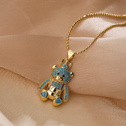 Cute Commute Little Bear Copper Plating Inlay Zircon 18k Gold Plated Pendant Necklace