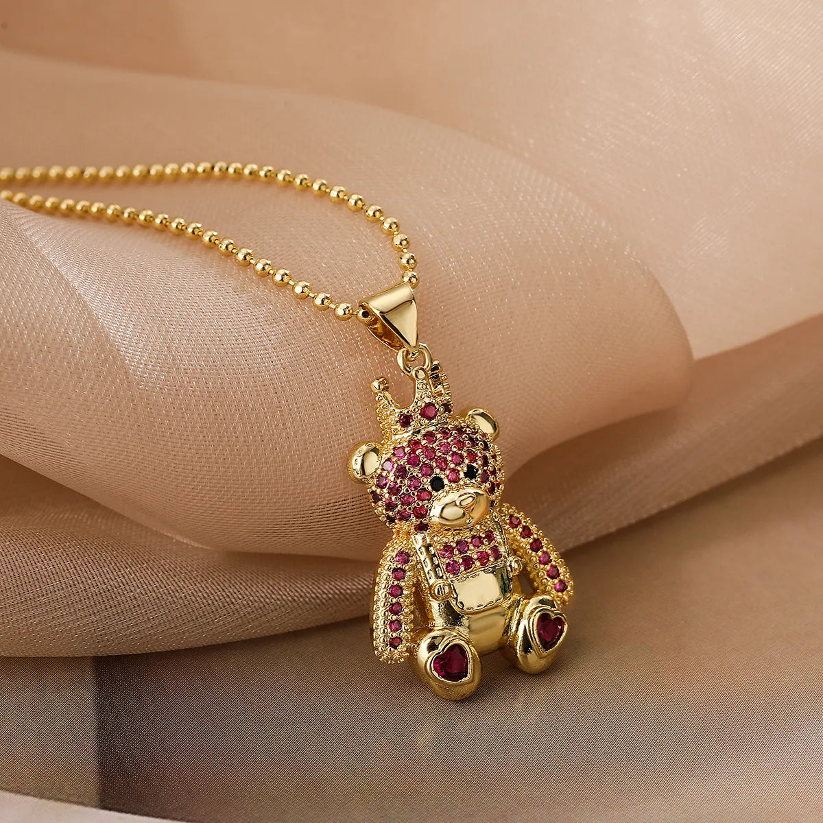 Cute Commute Little Bear Copper Plating Inlay Zircon 18k Gold Plated Pendant Necklace