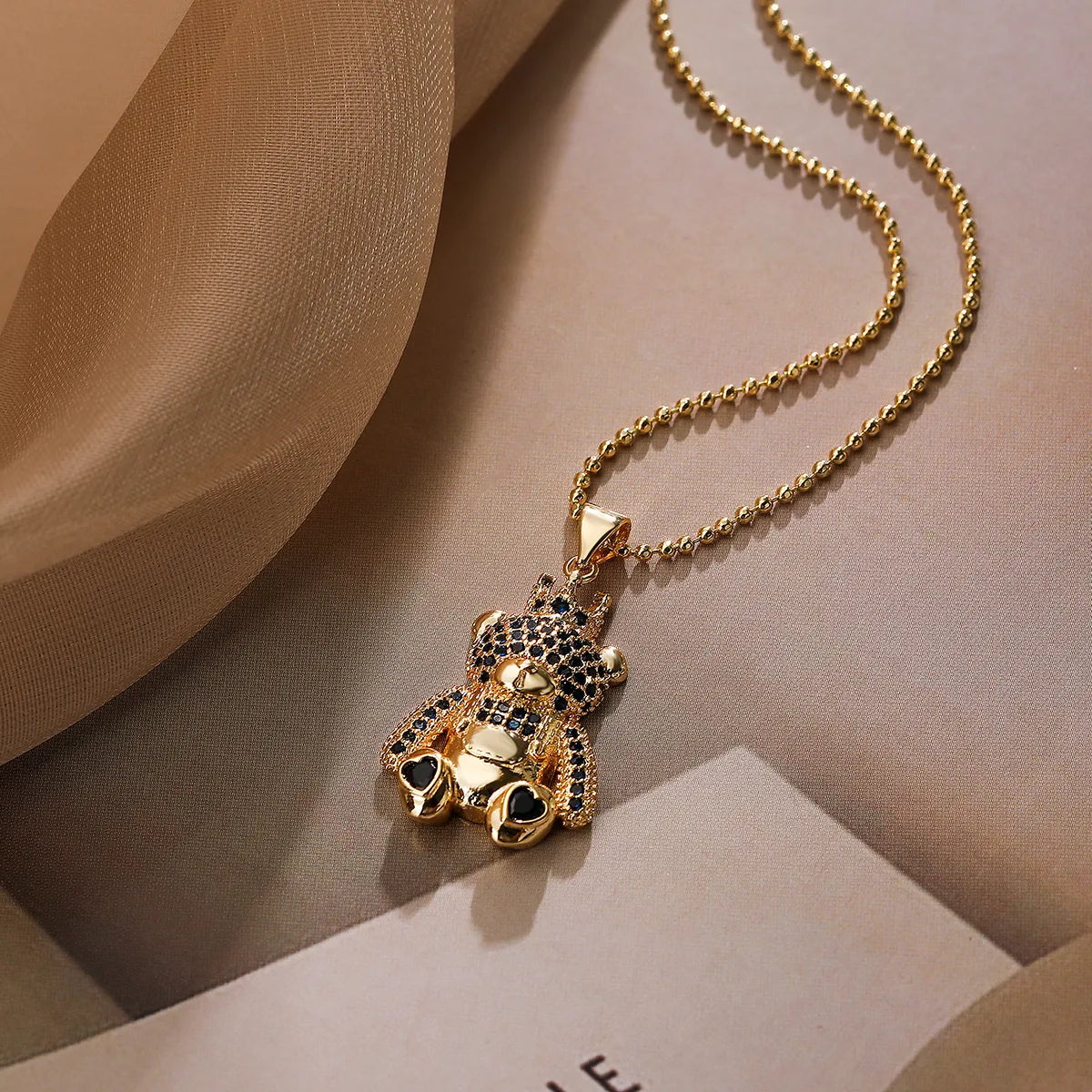 Cute Commute Little Bear Copper Plating Inlay Zircon 18k Gold Plated Pendant Necklace