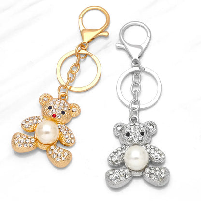 Cute Creative Pendant Bear Pearl Inlaid Rhinestone Alloy Key Chain