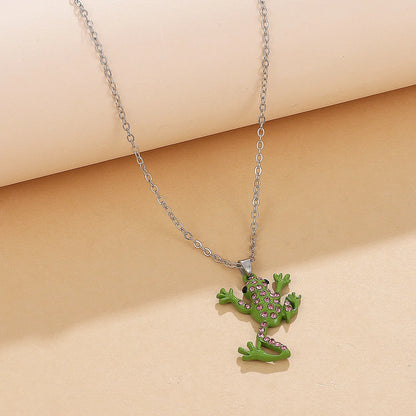 Cute Diamond Frog Pendant Necklace Small Fresh Cartoon Animal Long Clavicle Chain