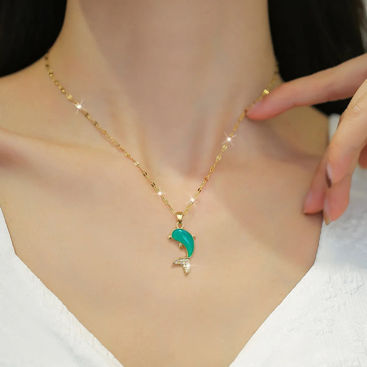 Cute Dolphin Stainless Steel Copper Enamel Plating Inlay Rhinestones Pendant Necklace