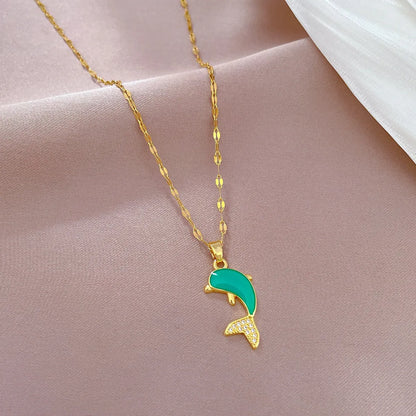 Cute Dolphin Stainless Steel Copper Enamel Plating Inlay Rhinestones Pendant Necklace