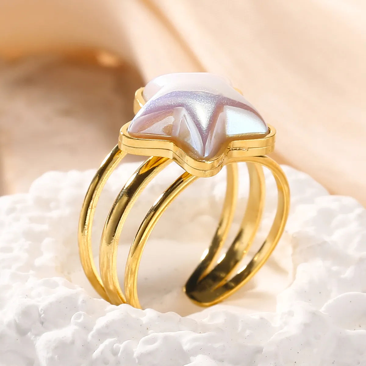 Cute Double Ring Star Stainless Steel Plating Inlay Shell Gold Plated Open Rings