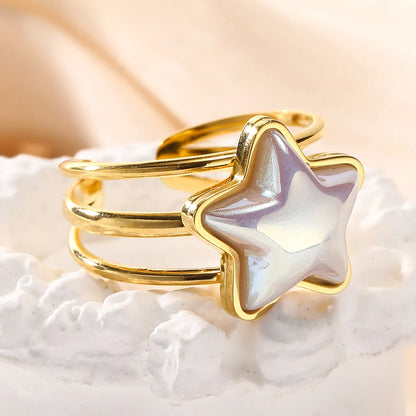 Cute Double Ring Star Stainless Steel Plating Inlay Shell Gold Plated Open Rings