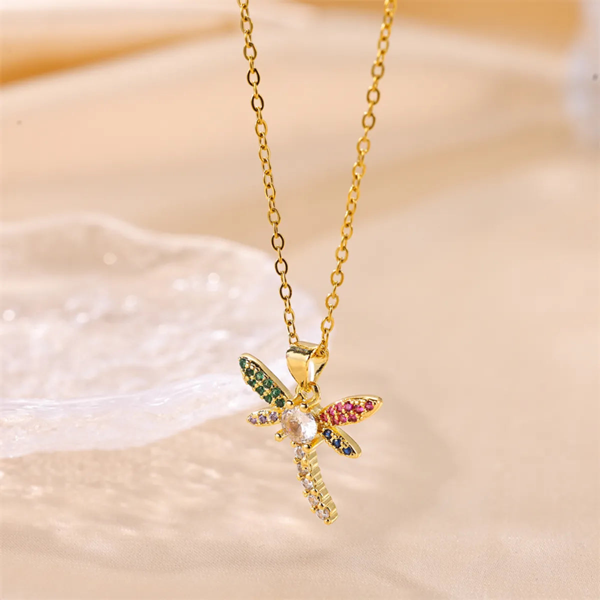 Cute Dragonfly Stainless Steel Copper Plating Inlay Zircon 18k Gold Plated Pendant Necklace