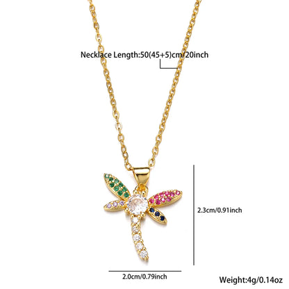 Cute Dragonfly Stainless Steel Copper Plating Inlay Zircon 18k Gold Plated Pendant Necklace