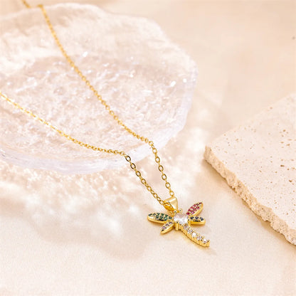 Cute Dragonfly Stainless Steel Copper Plating Inlay Zircon 18k Gold Plated Pendant Necklace