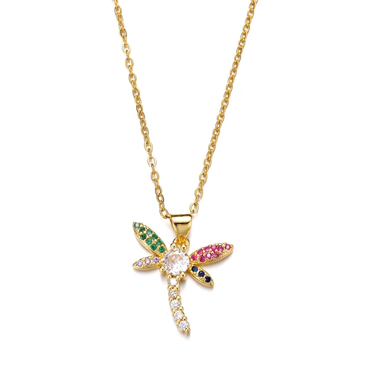 Cute Dragonfly Stainless Steel Copper Plating Inlay Zircon 18k Gold Plated Pendant Necklace