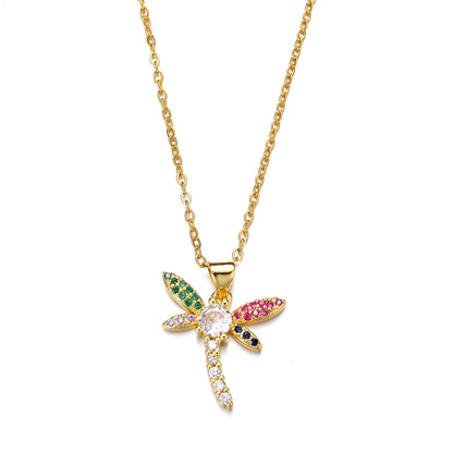 Cute Dragonfly Stainless Steel Copper Plating Inlay Zircon 18k Gold Plated Pendant Necklace