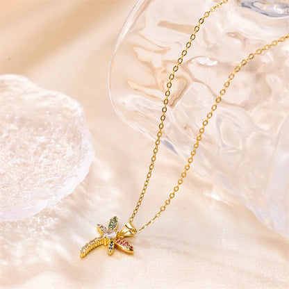 Cute Dragonfly Stainless Steel Copper Plating Inlay Zircon 18k Gold Plated Pendant Necklace