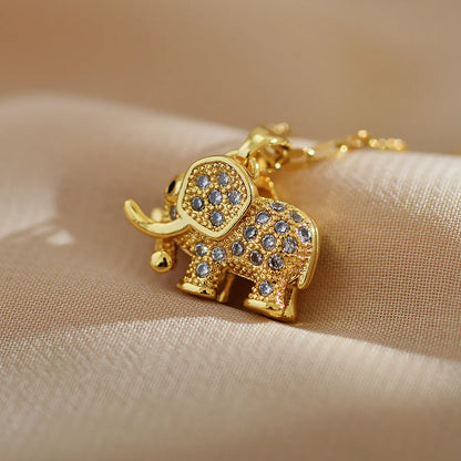 Cute Elephant Titanium Steel Copper Plating Inlay Zircon Gold Plated Pendant Necklace