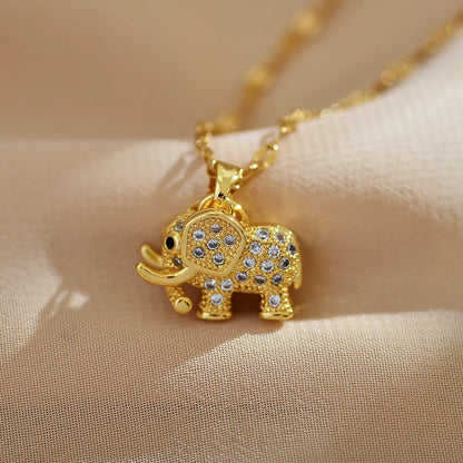 Cute Elephant Titanium Steel Copper Plating Inlay Zircon Gold Plated Pendant Necklace