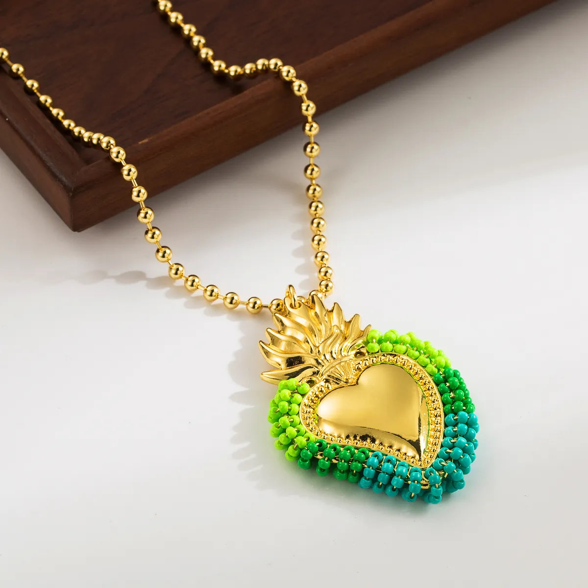 Cute Exaggerated Formal Heart Shape 18K Gold Plated Seed Bead Copper Wholesale Pendant Necklace