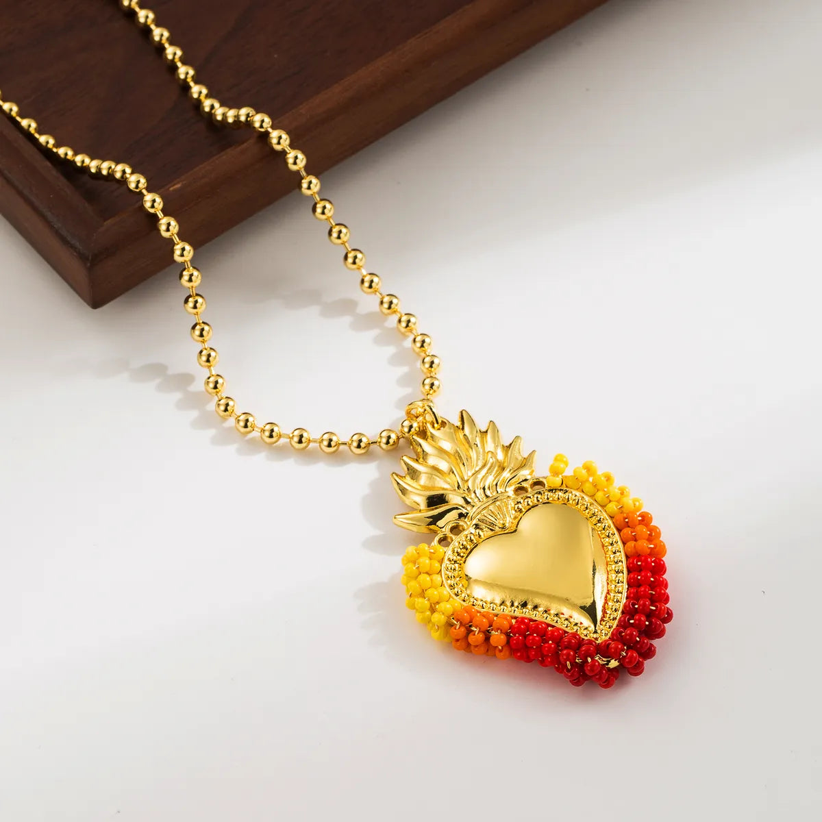 Cute Exaggerated Formal Heart Shape 18K Gold Plated Seed Bead Copper Wholesale Pendant Necklace