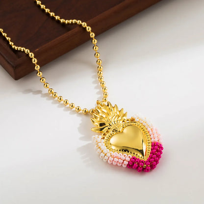 Cute Exaggerated Formal Heart Shape 18K Gold Plated Seed Bead Copper Wholesale Pendant Necklace