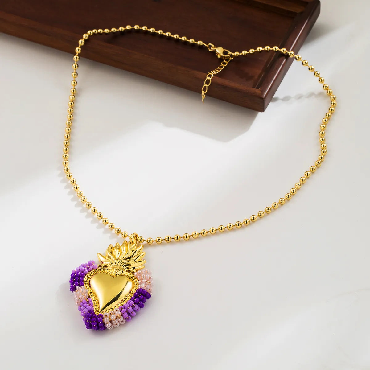 Cute Exaggerated Formal Heart Shape 18K Gold Plated Seed Bead Copper Wholesale Pendant Necklace