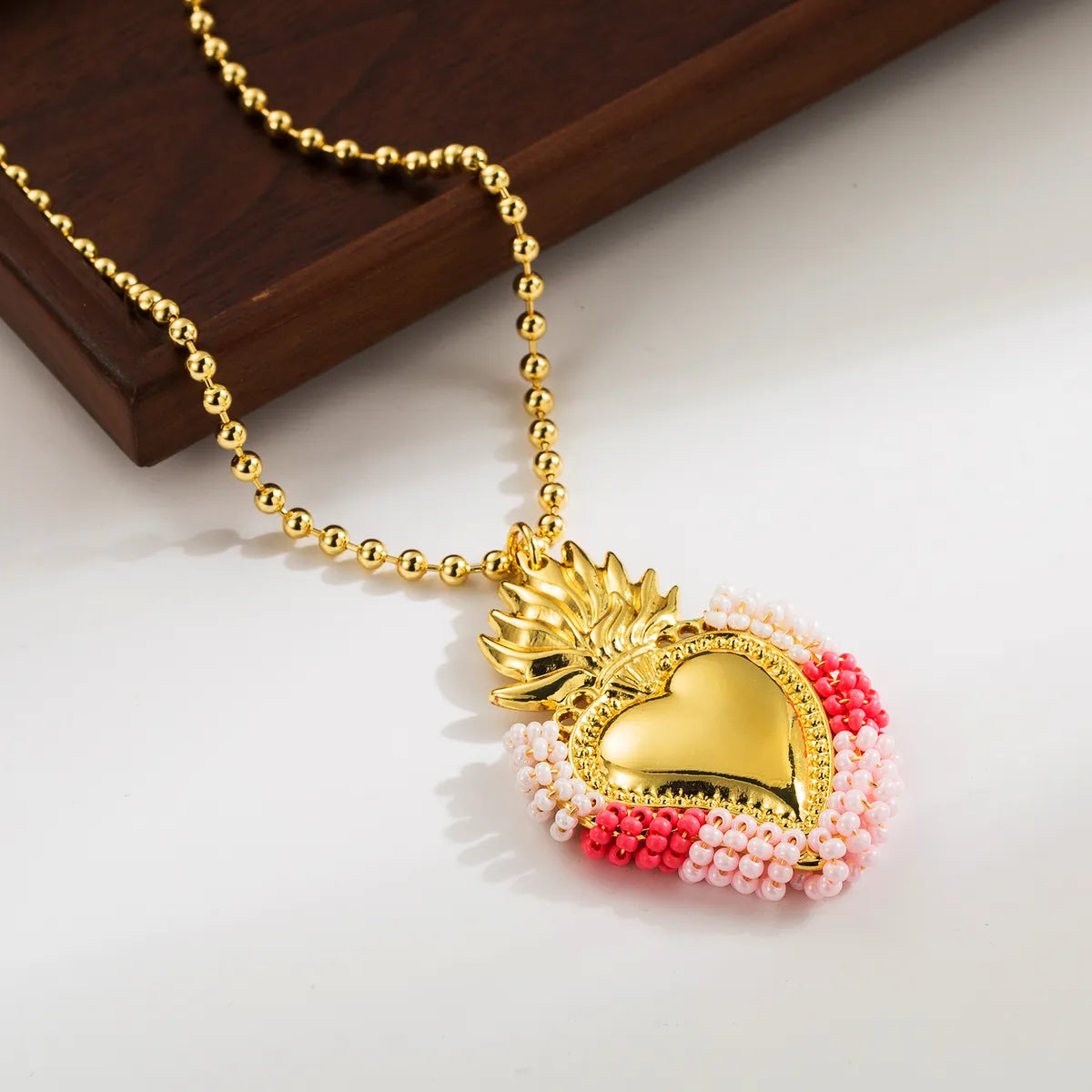 Cute Exaggerated Formal Heart Shape 18K Gold Plated Seed Bead Copper Wholesale Pendant Necklace