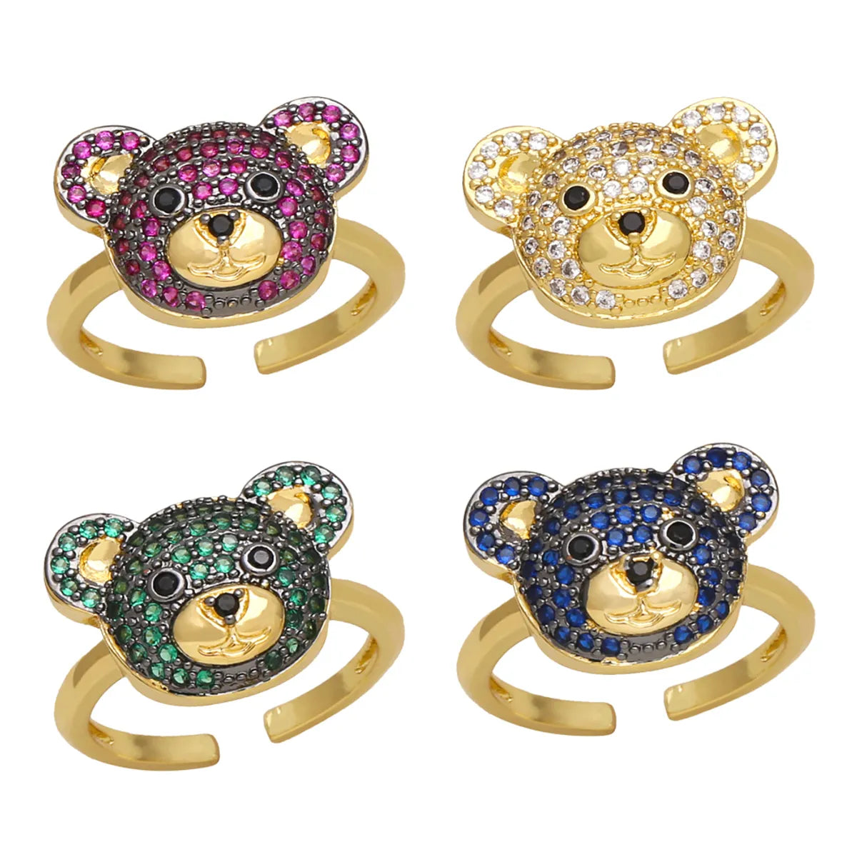 Cute Fashion Sweet Bear Copper 18k Gold Plated Zircon Open Rings In Bulk