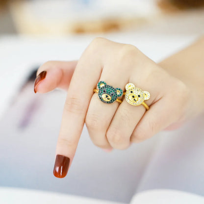 Cute Fashion Sweet Bear Copper 18k Gold Plated Zircon Open Rings In Bulk