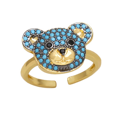 Cute Fashion Sweet Bear Copper 18k Gold Plated Zircon Open Rings In Bulk