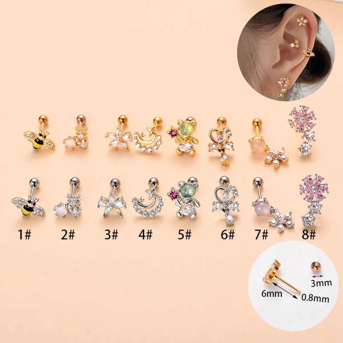 Cute Flower Bee Copper Plating Inlay Zircon Ear Studs 1 Piece