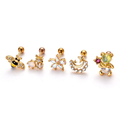 Cute Flower Bee Copper Plating Inlay Zircon Ear Studs 1 Piece