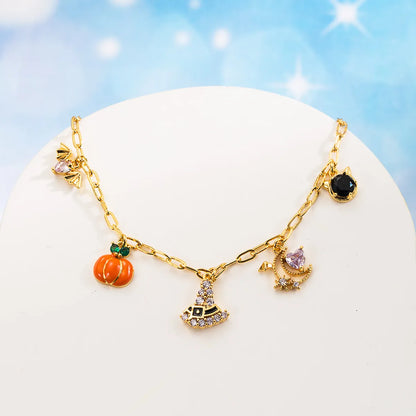 Cute Funny Pumpkin Heart Shape Spider Web Copper 14k Gold Plated Zircon Bracelets In Bulk