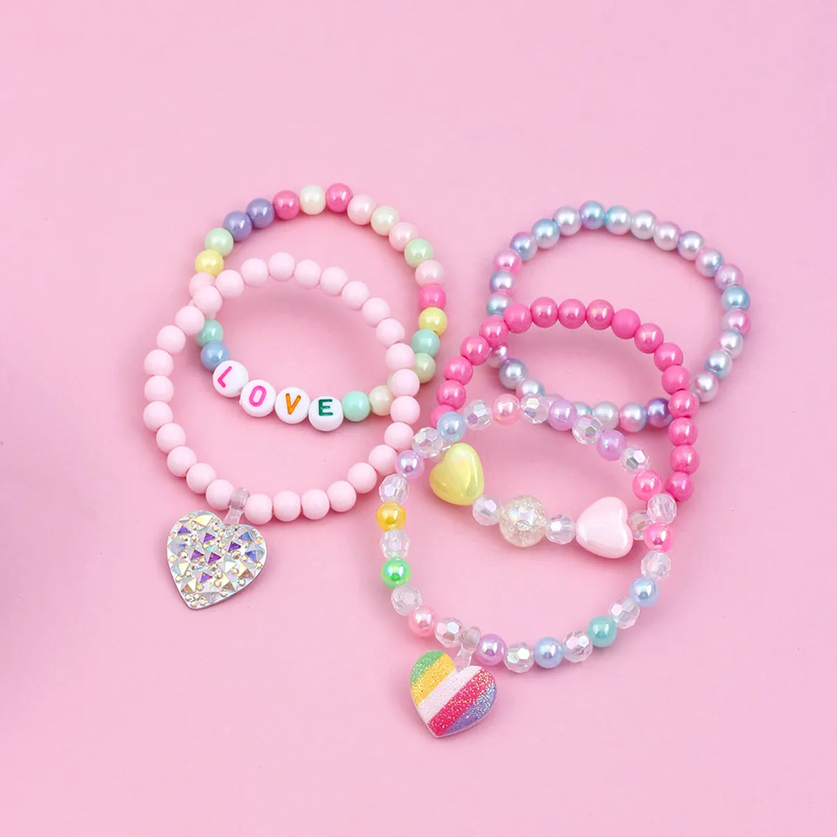 Cute Handmade Sweet Heart Shape Arylic Synthetic Resin Beaded Handmade Girl's Bracelets