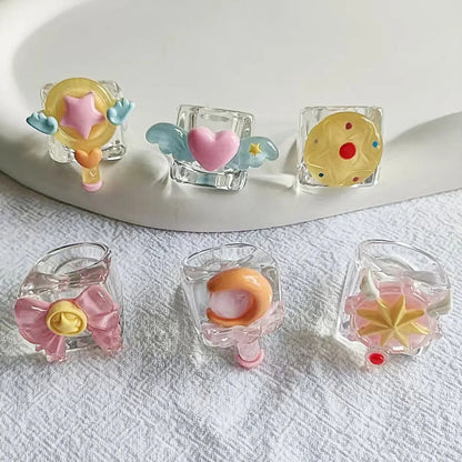 Cute Heart Shape Bow Knot Magic Wand Resin Epoxy Women's Rings