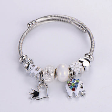 Alloy Resin Copper Cute Beaded Epoxy Inlay Heart Shape Elephant Rhinestones Bangle