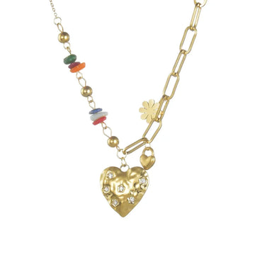 Stainless Steel 14K Gold Plated Cute Beaded Plating Inlay Heart Shape Rhinestones Pendant Necklace