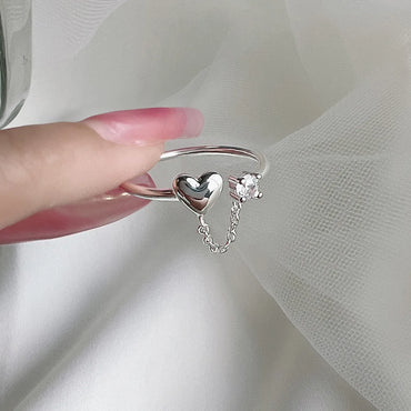 Cute Heart Shape Sterling Silver Tassel Chain Open Rings