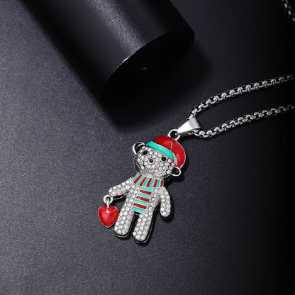 Cute Hip-Hop Little Bear Stainless Steel Alloy Inlay Rhinestones Men'S Pendant Necklace