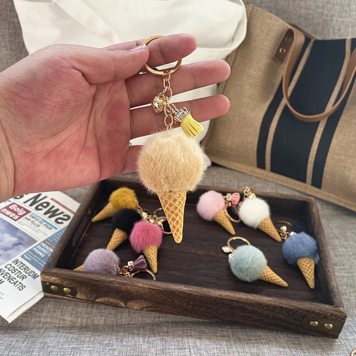 Cute Ice Cream Artificial Mink Hair Kid'S Bag Pendant Keychain