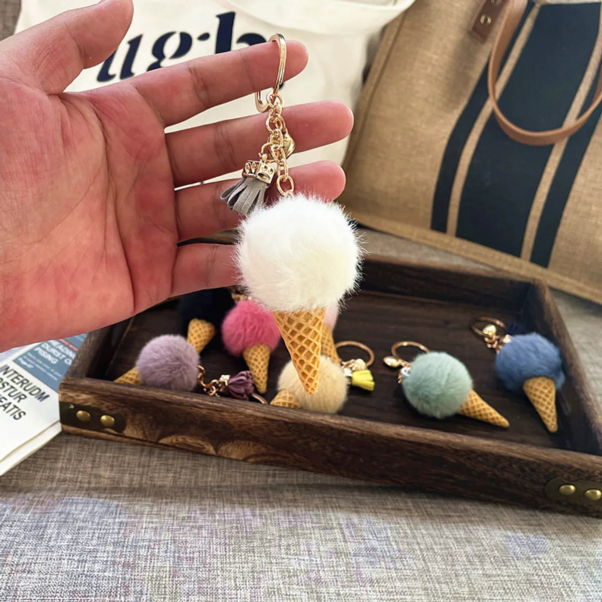 Cute Ice Cream Artificial Mink Hair Kid'S Bag Pendant Keychain