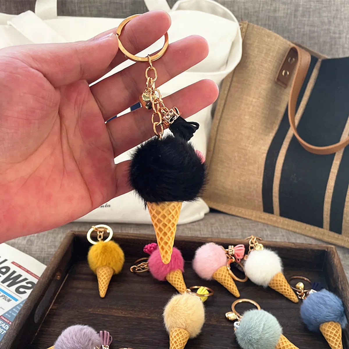 Cute Ice Cream Artificial Mink Hair Kid'S Bag Pendant Keychain