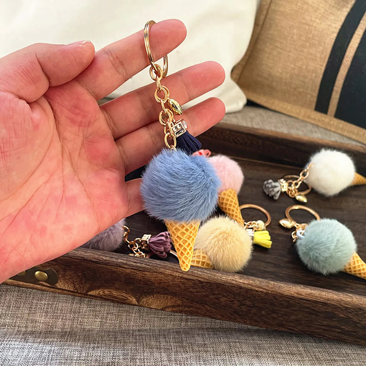 Cute Ice Cream Artificial Mink Hair Kid'S Bag Pendant Keychain