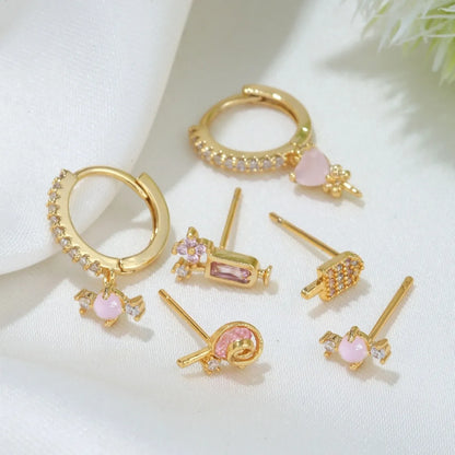 Cute Ice Cream Candy Copper Asymmetrical Inlay Zircon Dangling Earrings Ear Studs 1 Set