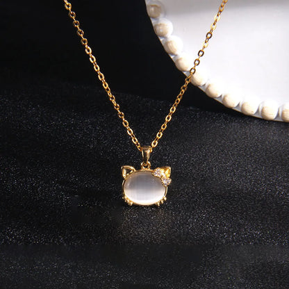 Wholesale Cute Korean Style Cat 304 Stainless Steel Copper Plating Inlay White-Plated K Opal Zircon Pendant Necklace