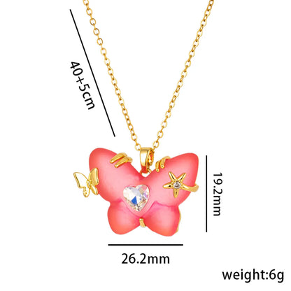 Cute Lady Butterfly Stainless Steel Plating Inlay Resin 18k Gold Plated Pendant Necklace